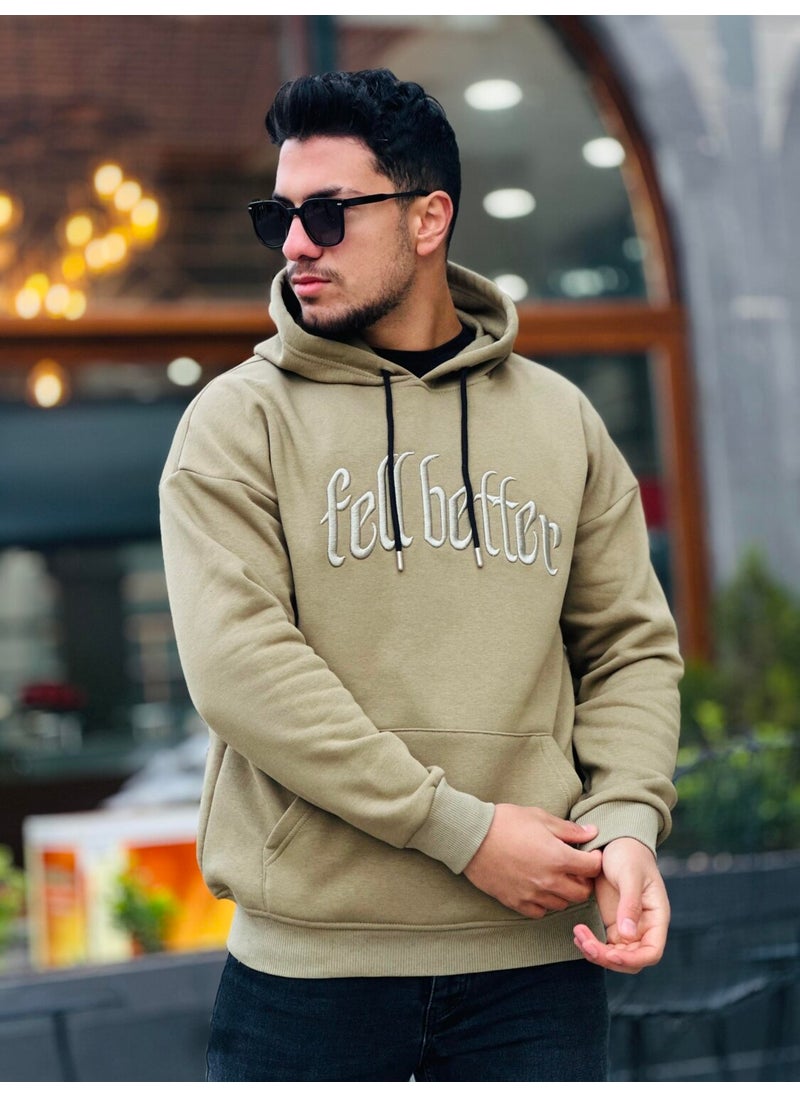 Khaki Fell Better Embroidered Hooded Three Thread Oversize Sweatshirt