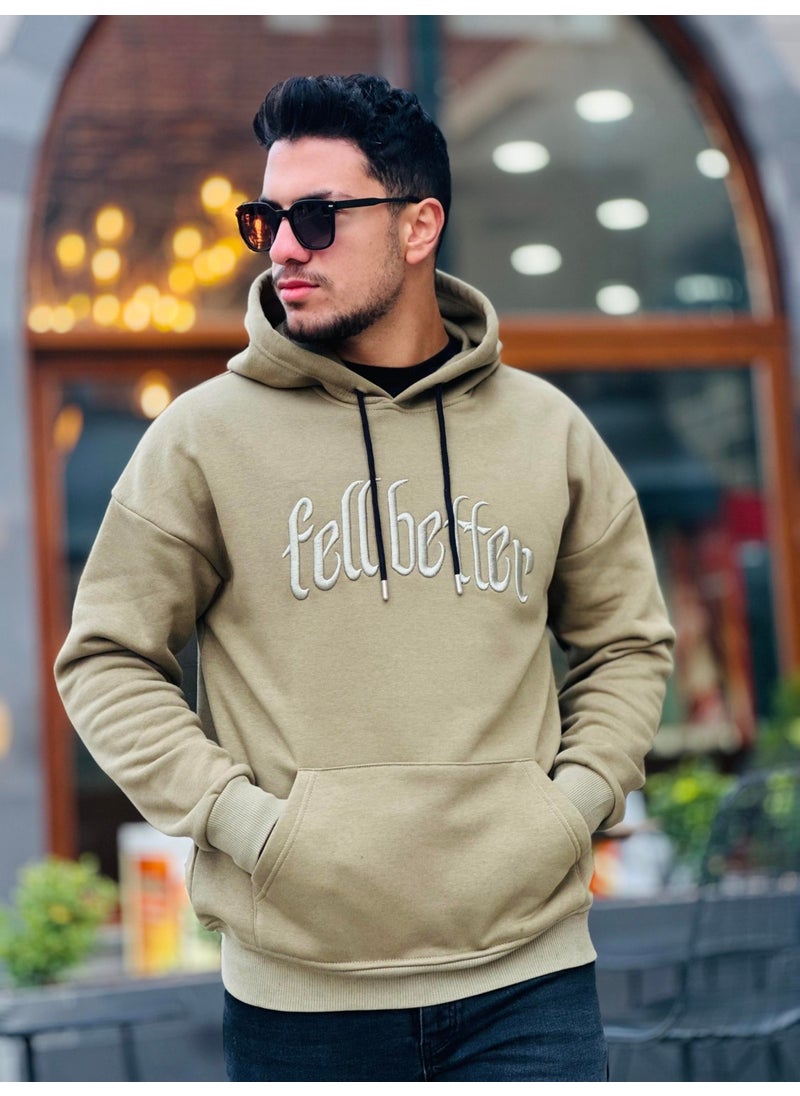 Khaki Fell Better Embroidered Hooded Three Thread Oversize Sweatshirt