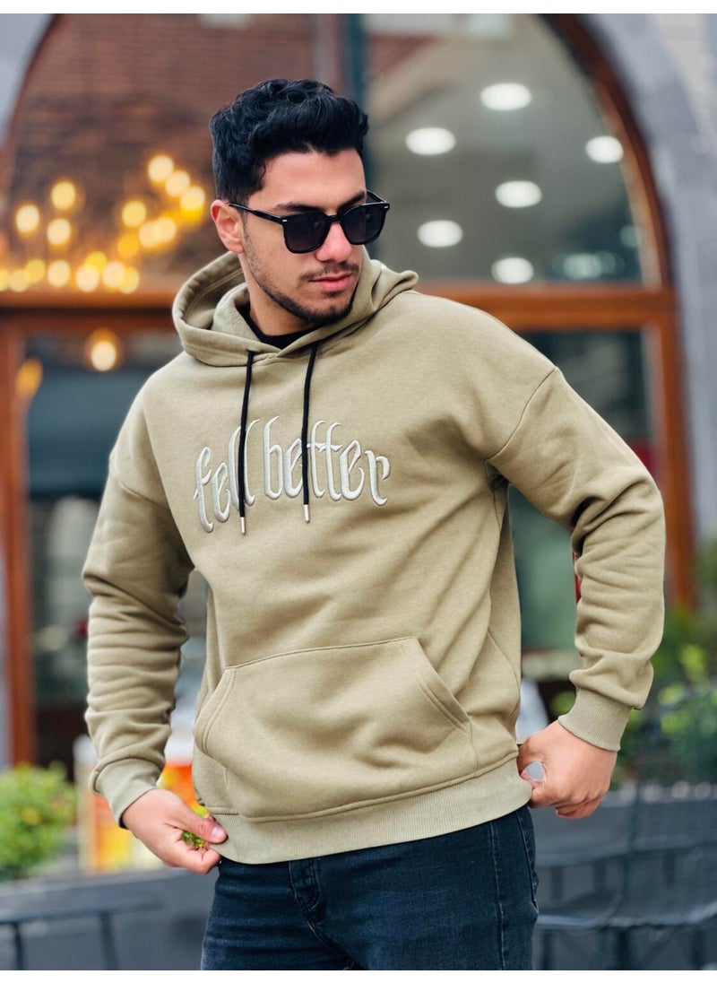 Khaki Fell Better Embroidered Hooded Three Thread Oversize Sweatshirt