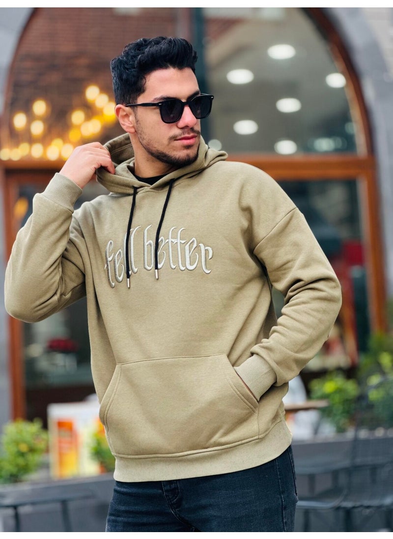 Khaki Fell Better Embroidered Hooded Three Thread Oversize Sweatshirt