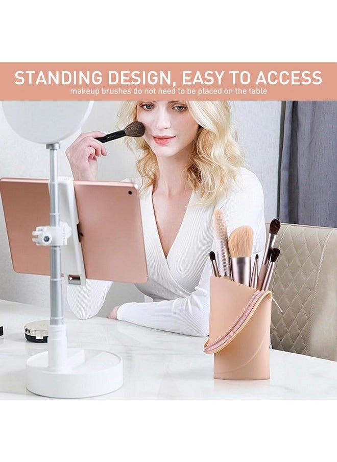 Makeup Brush Holder Travel Silicone Makeup Brush Pouch Small Stand Up Desk Makeup Brush Organizer, Cute Zipper Make Up Brush Case Khaki, 20X6Cm