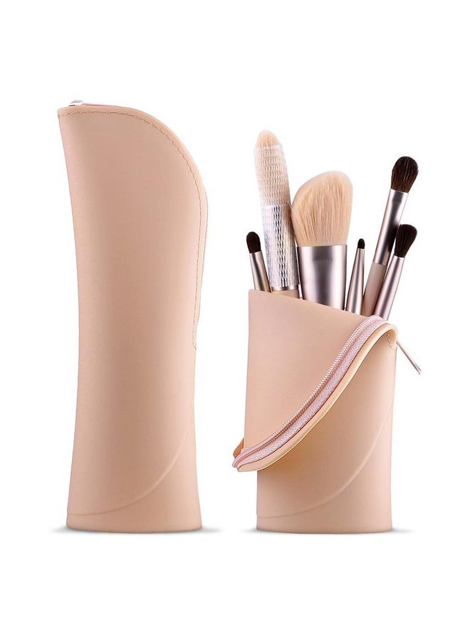 Makeup Brush Holder Travel Silicone Makeup Brush Pouch Small Stand Up Desk Makeup Brush Organizer, Cute Zipper Make Up Brush Case Khaki, 20X6Cm