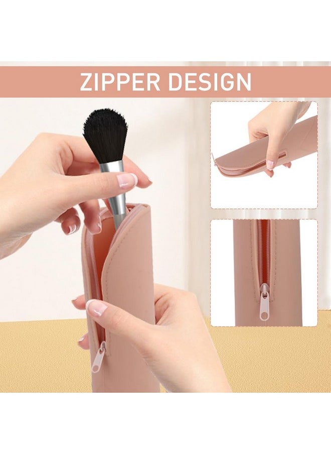 Makeup Brush Holder Travel Silicone Makeup Brush Pouch Small Stand Up Desk Makeup Brush Organizer, Cute Zipper Make Up Brush Case Khaki, 20X6Cm