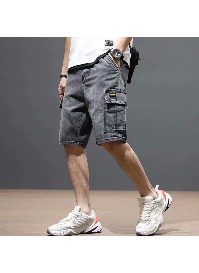 Summer Casual Denim Shorts Men Multi-Pocket Loose Fit black gray