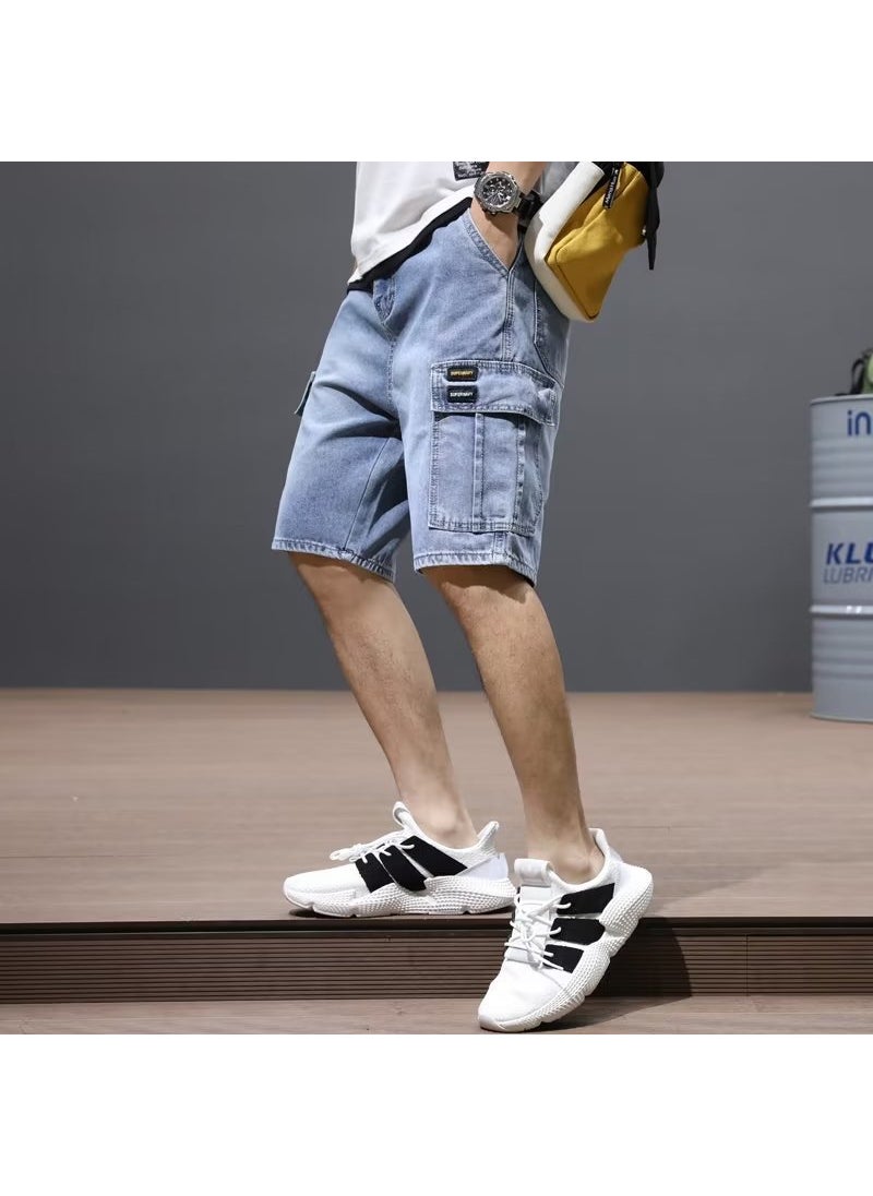 Summer Casual Denim Shorts Men Multi-Pocket Loose Fit Blue