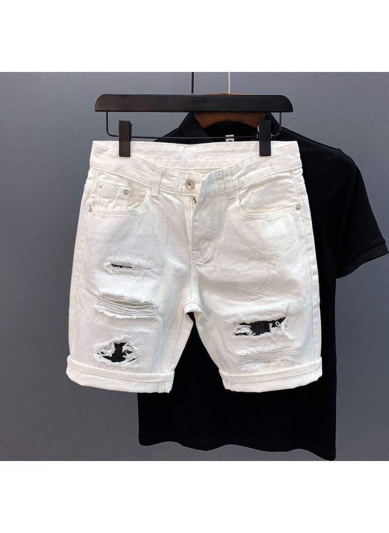 Mens White Ripped Denim Shorts Summer Fashion Milky White