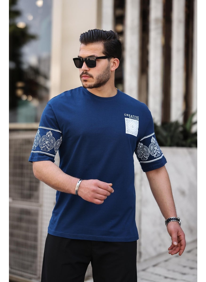 Indigo Print Detailed Oversize Short Sleeve T-Shirt - 2428