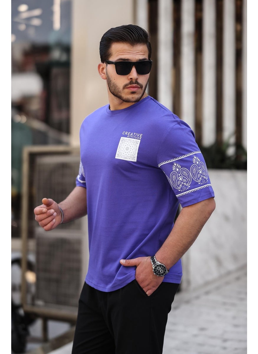 Purple Print Detailed Oversize Short Sleeve T-Shirt - 2428