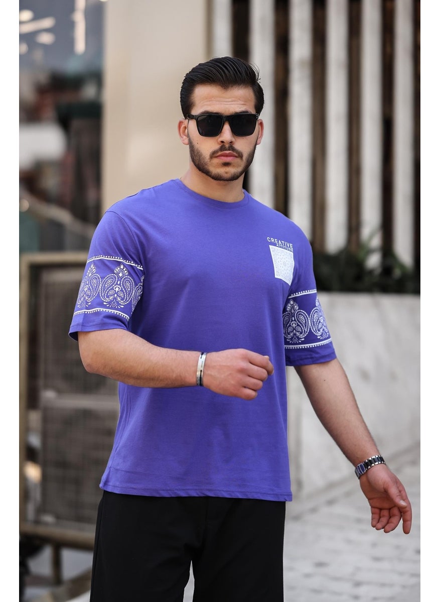 Purple Print Detailed Oversize Short Sleeve T-Shirt - 2428