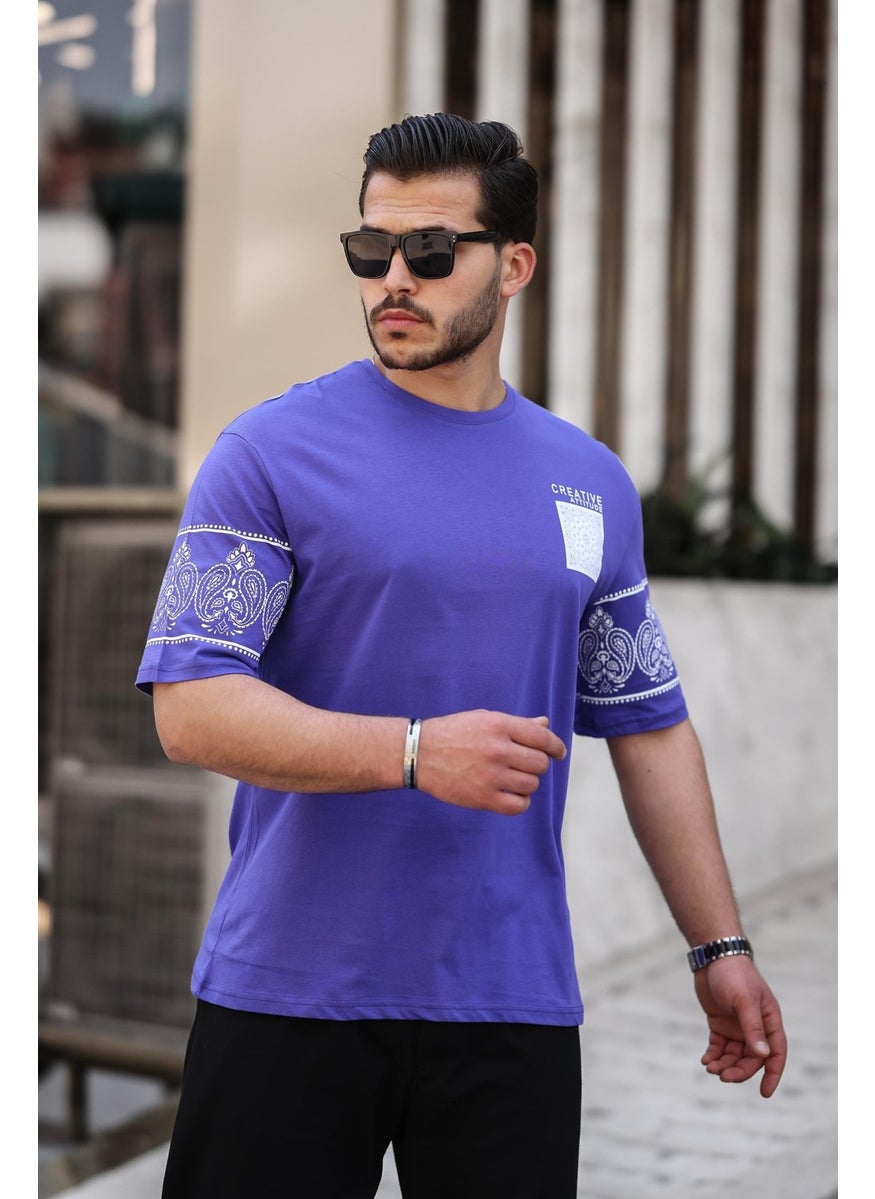 Purple Print Detailed Oversize Short Sleeve T-Shirt - 2428