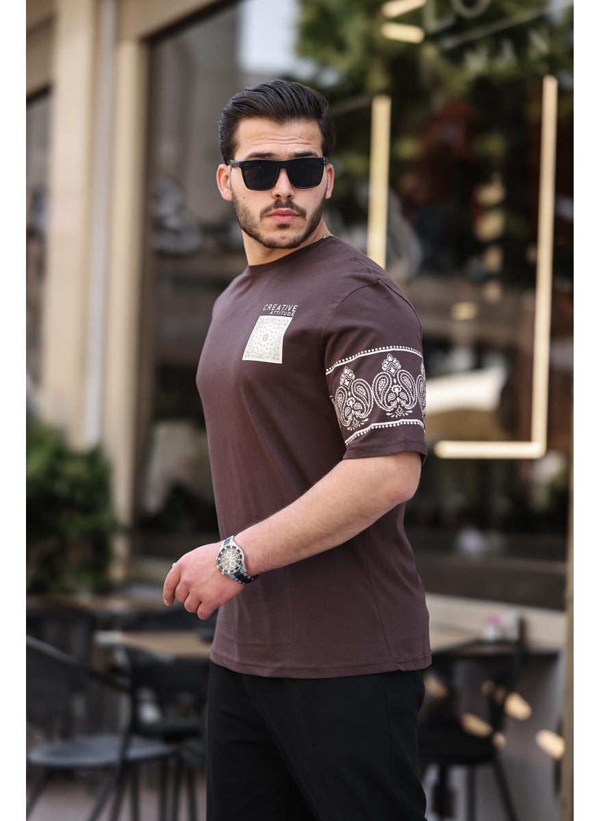 Brown Print Detailed Oversize Short Sleeve T-Shirt - 2428