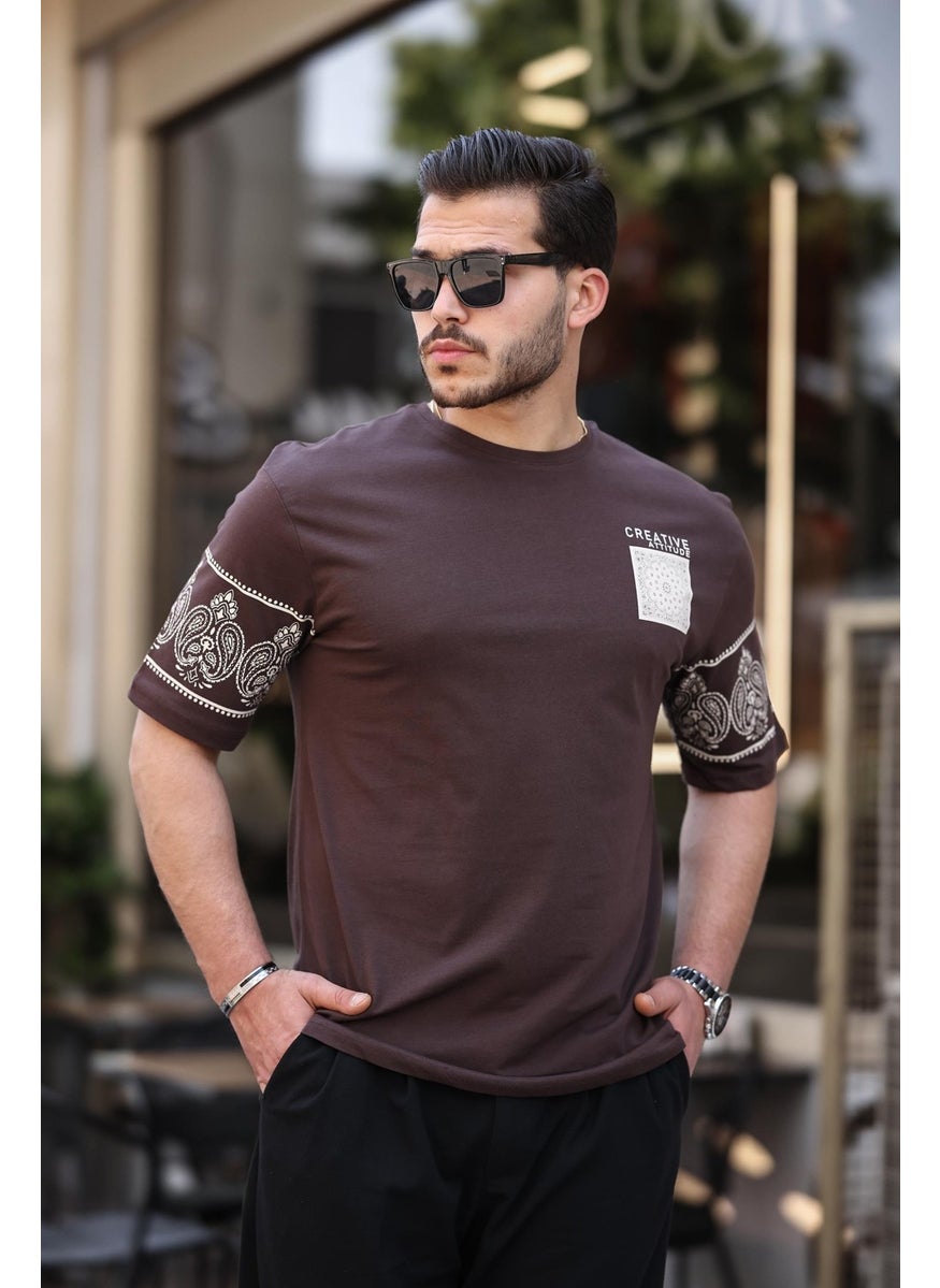 Brown Print Detailed Oversize Short Sleeve T-Shirt - 2428