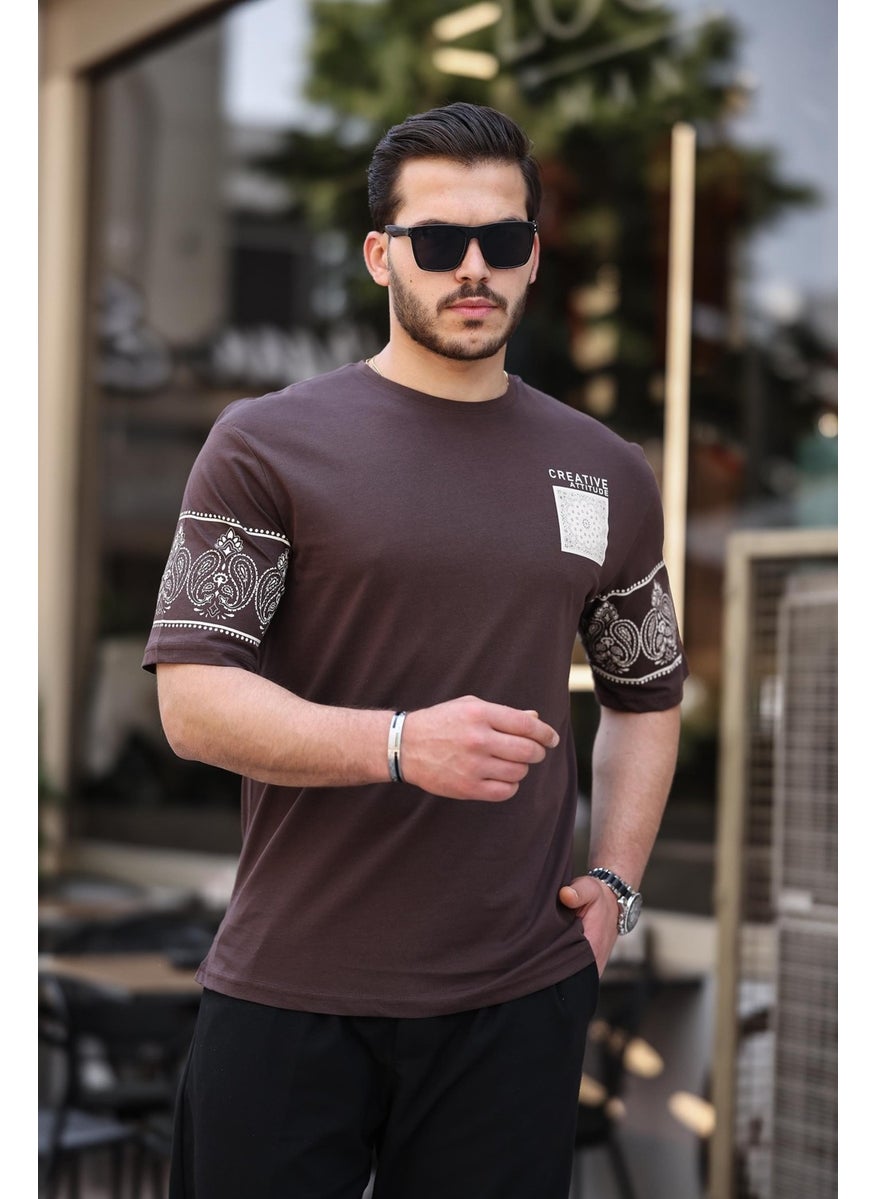 Brown Print Detailed Oversize Short Sleeve T-Shirt - 2428