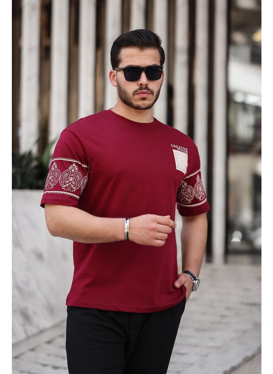 Claret Red Print Detailed Oversize Short Sleeve T-Shirt - 2428