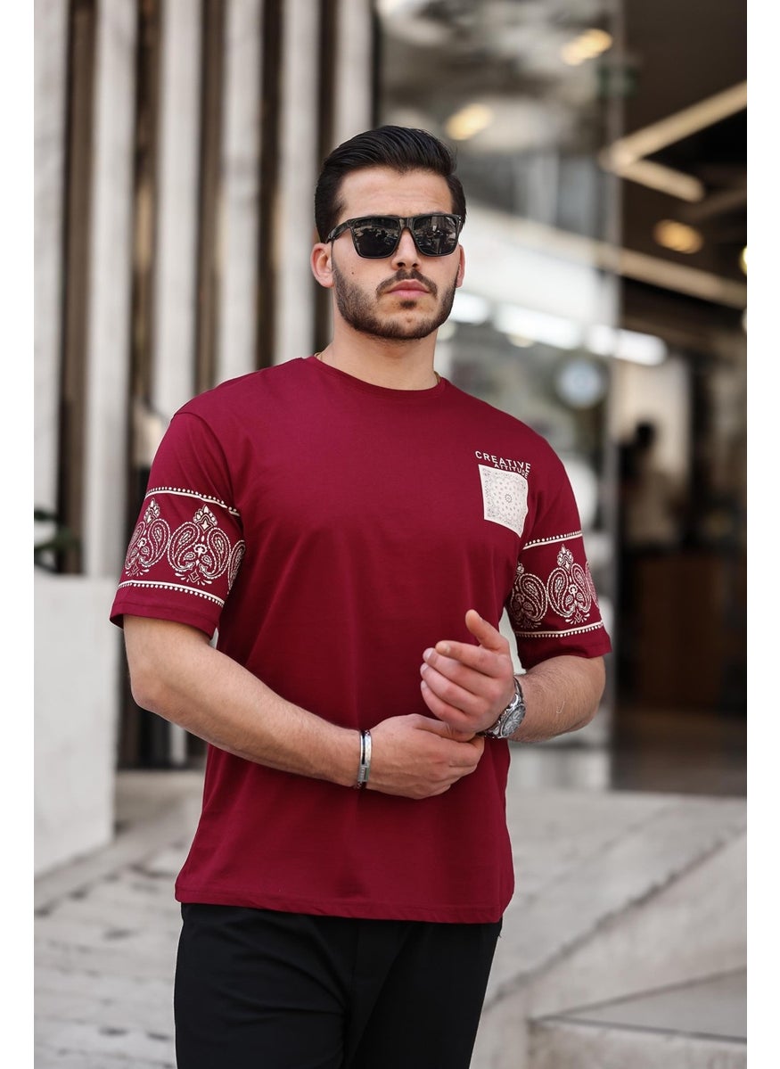 Claret Red Print Detailed Oversize Short Sleeve T-Shirt - 2428