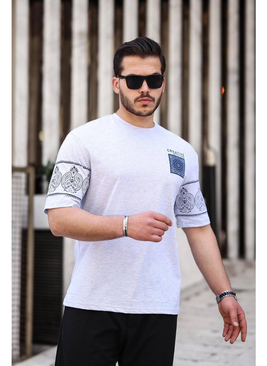 Gray Printed Detailed Oversize Short Sleeve T-Shirt - 2428