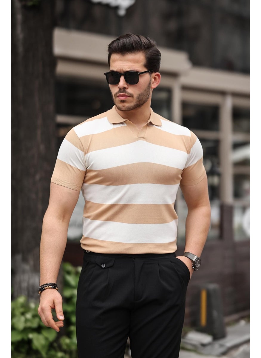 Brown and White Knitwear Block Piece Polo Neck T-Shirt