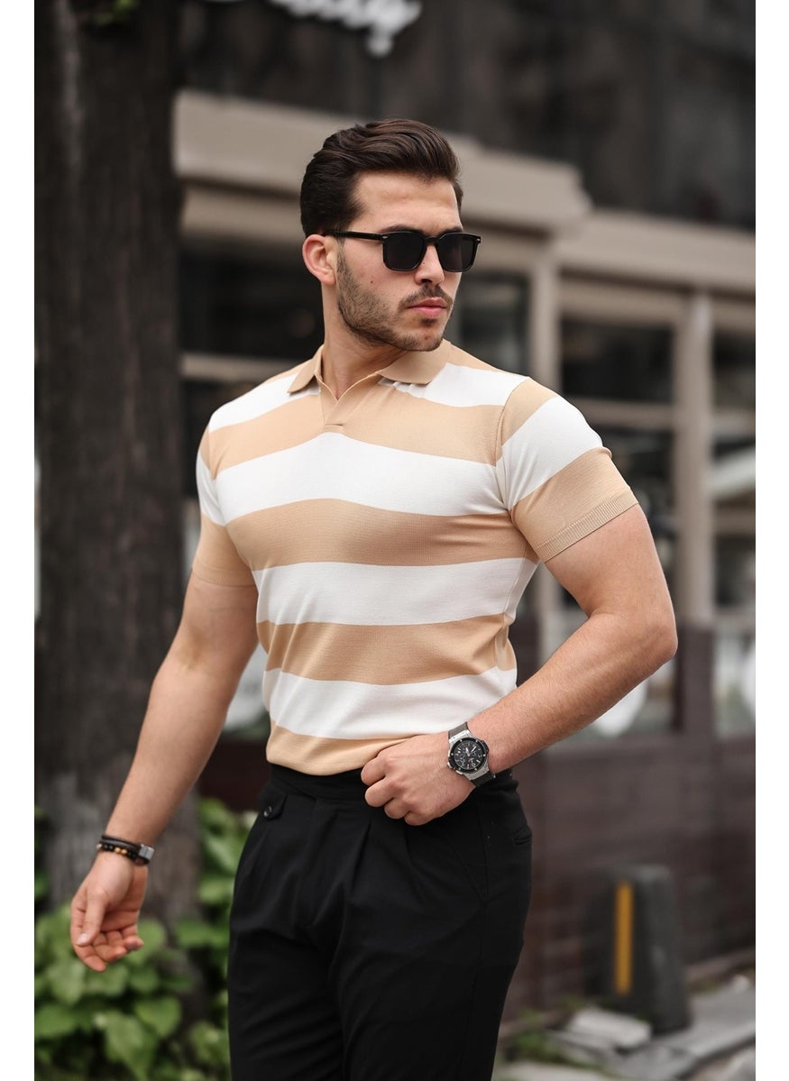 Brown and White Knitwear Block Piece Polo Neck T-Shirt