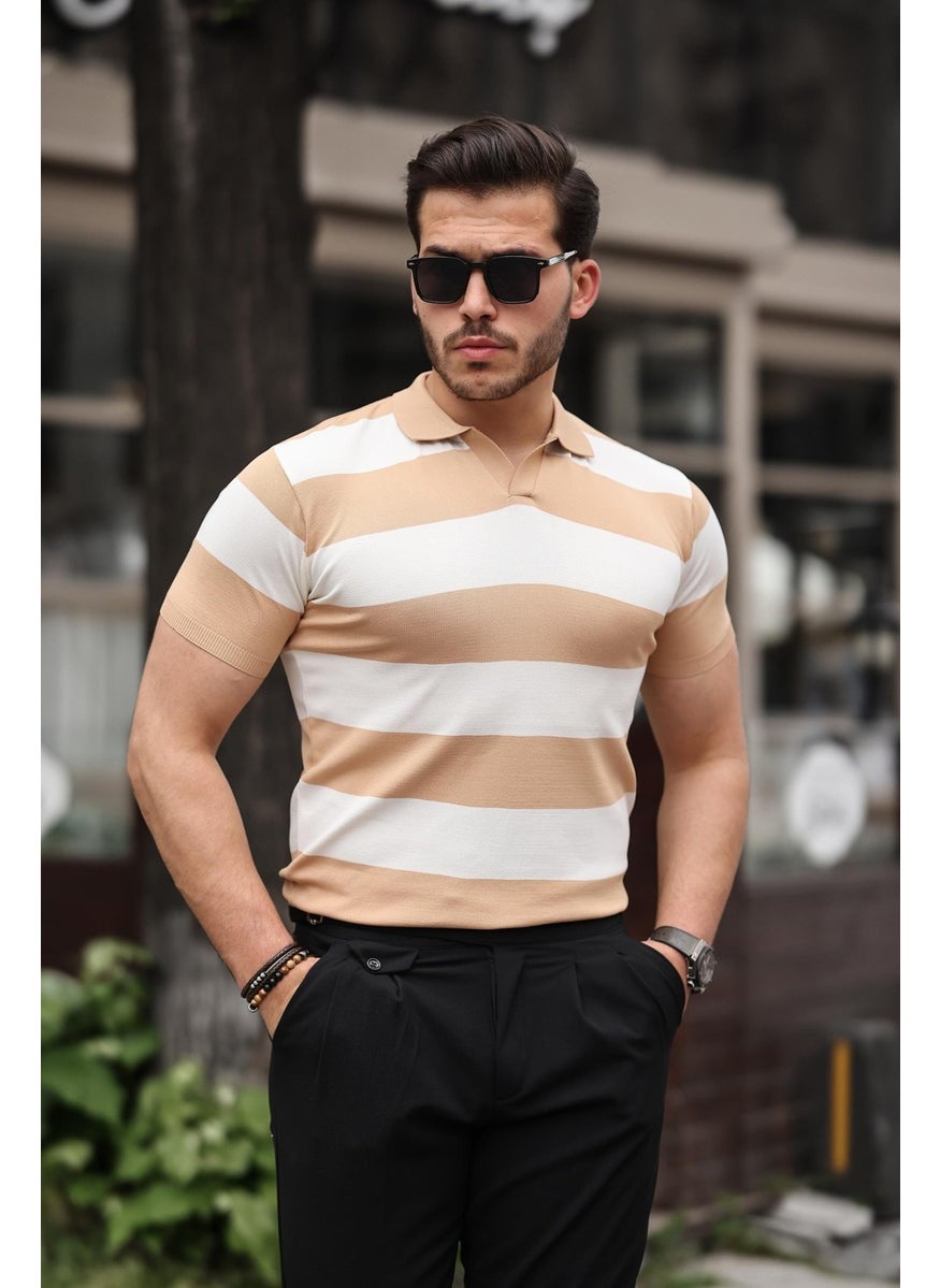 Brown and White Knitwear Block Piece Polo Neck T-Shirt