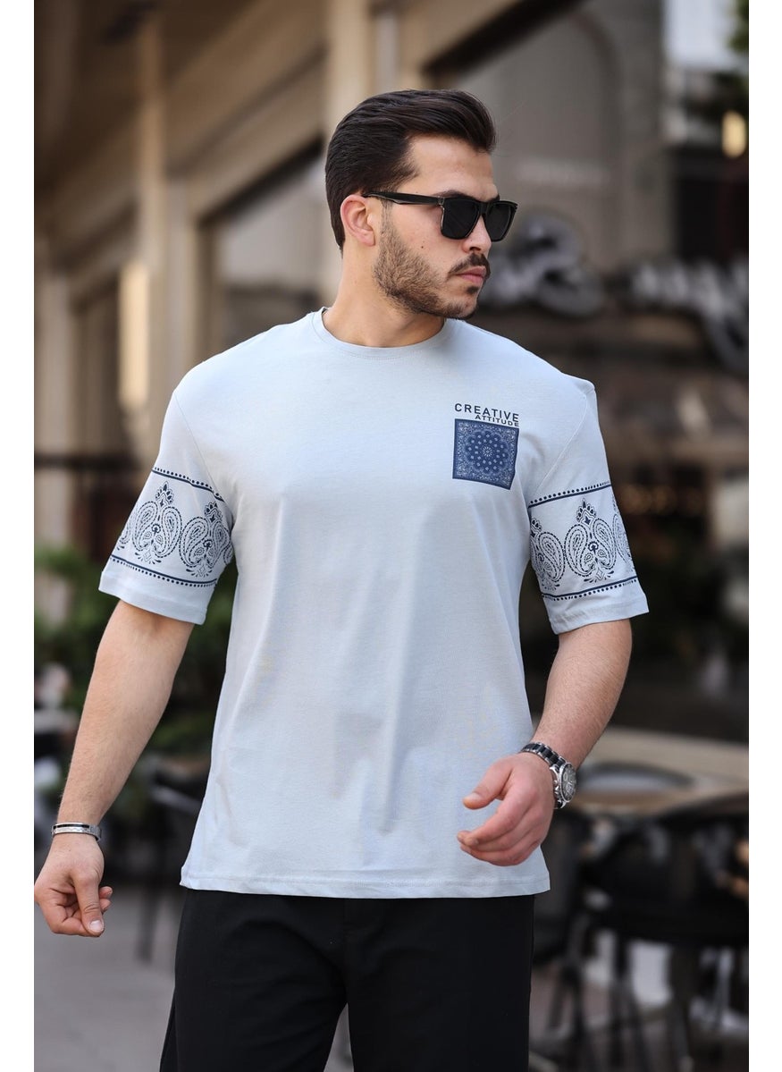 Dark Gray Print Detailed Oversize Short Sleeve T-Shirt - 2428