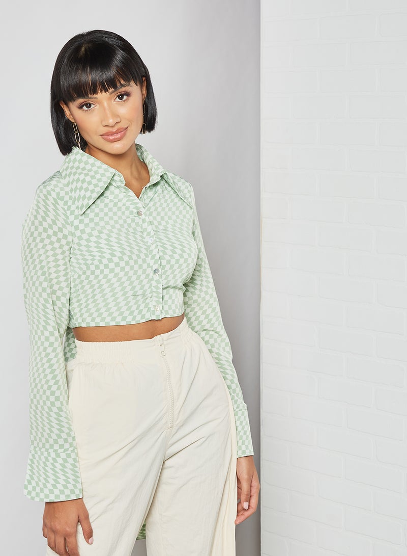 Checkered Print Crop Top Green