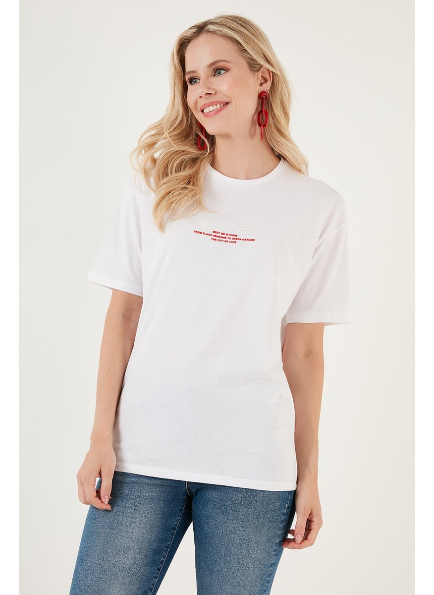 Written Detailed Cotton Oversize Crew Neck T Shirt Women's T Shirt 541RUEDELA