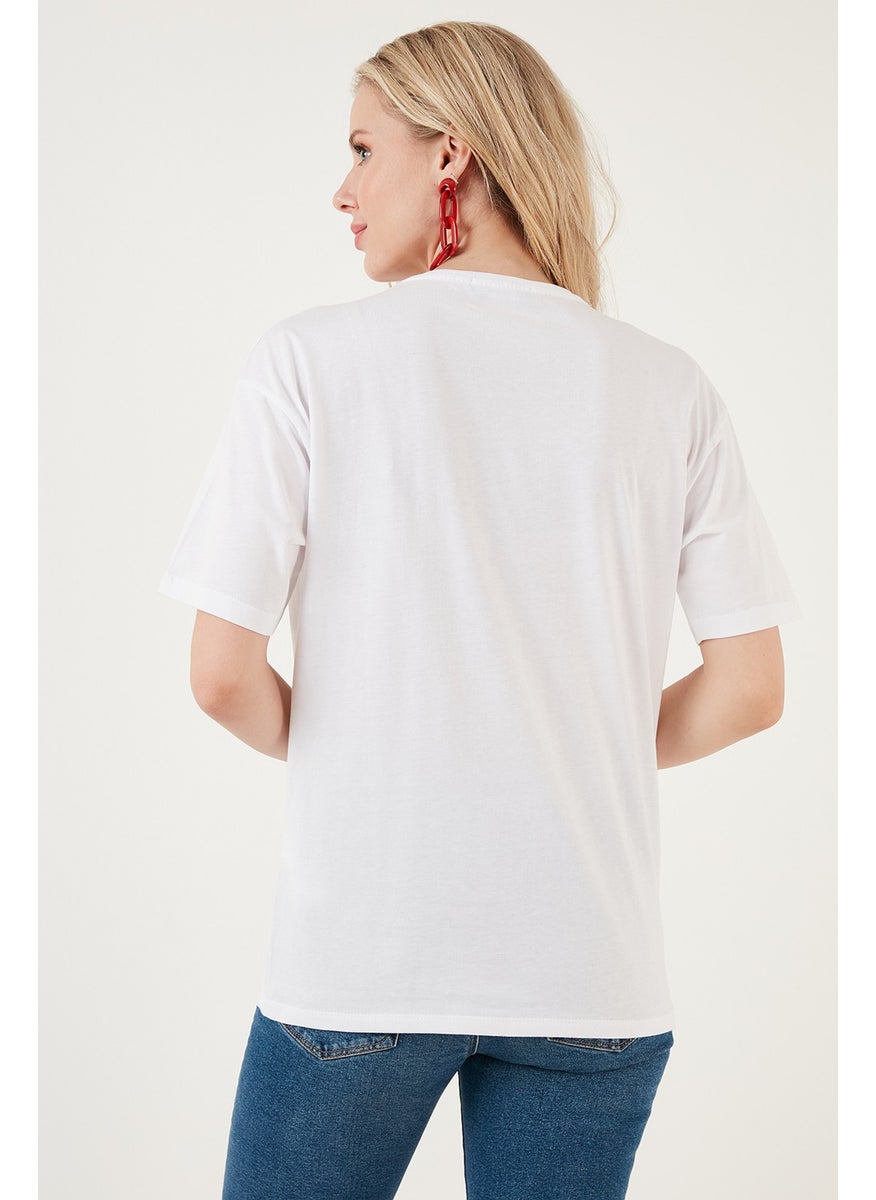 Written Detailed Cotton Oversize Crew Neck T Shirt Women's T Shirt 541RUEDELA