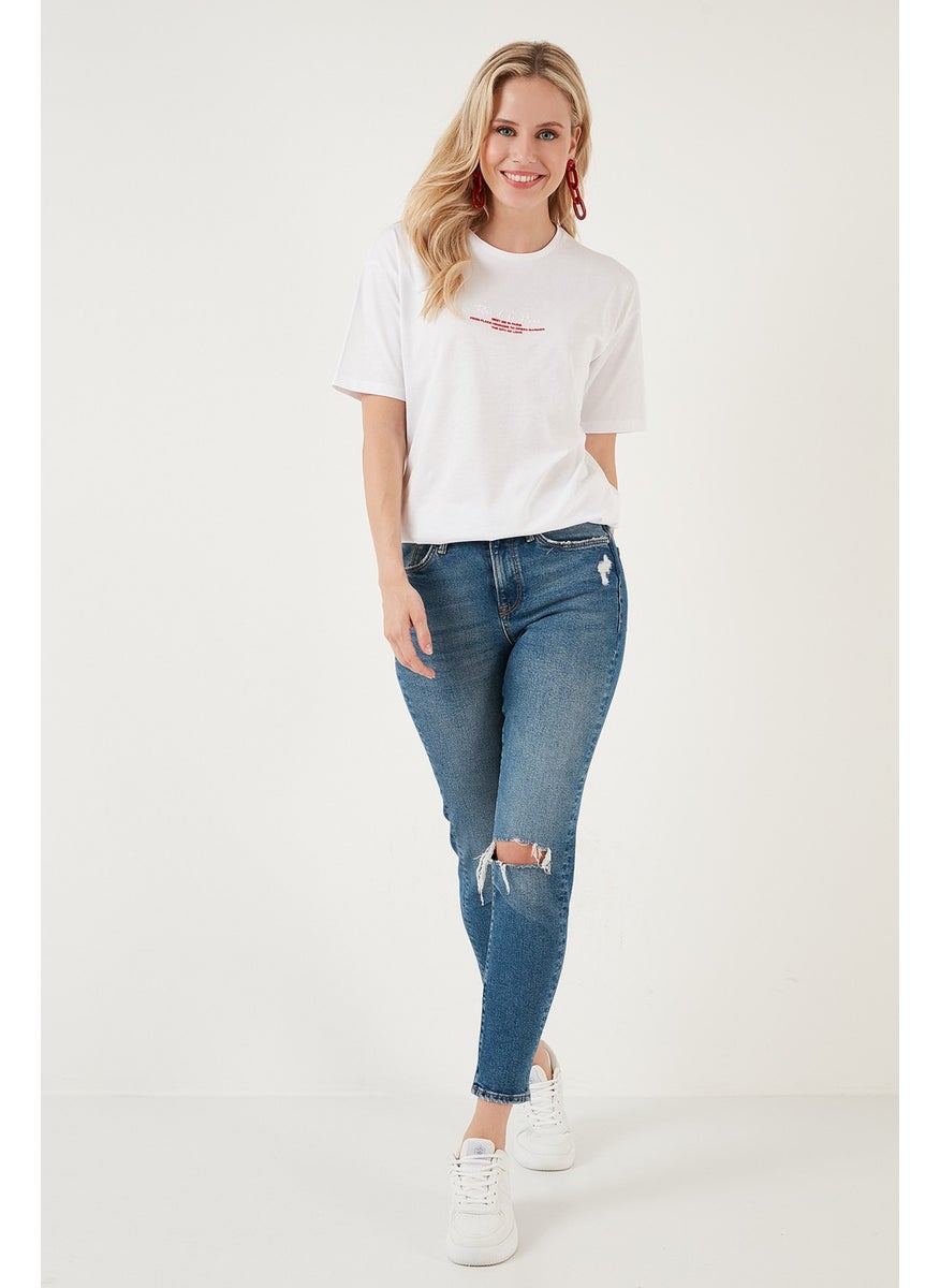 Written Detailed Cotton Oversize Crew Neck T Shirt Women's T Shirt 541RUEDELA