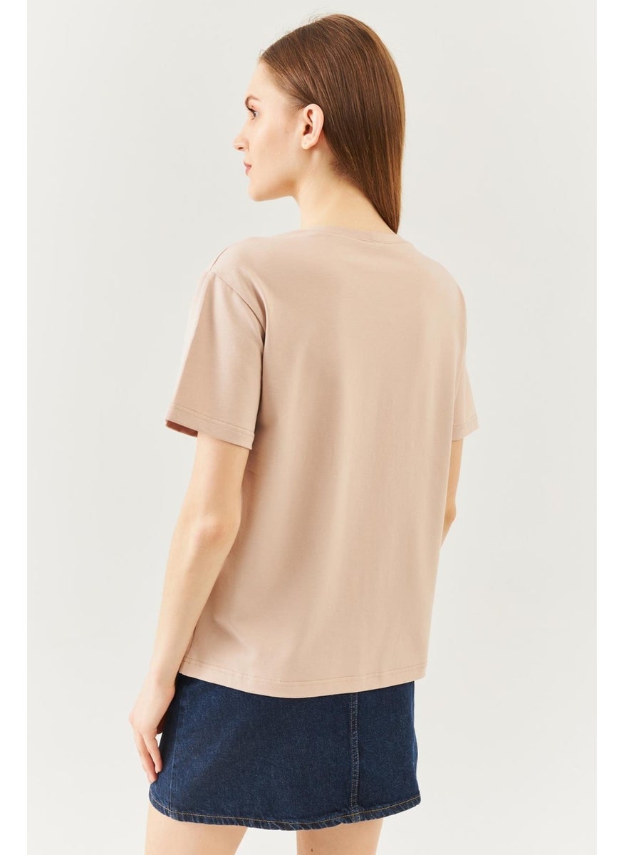 Açık Kahve Oversize Rahat %100 Pamuklu Penye Bisiklet Yaka Kısa Kol Basic T-Shirt