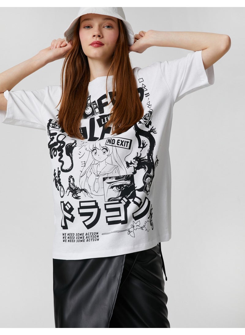 Oversize T-Shirt Short Sleeve Far East Printed Crew Neck