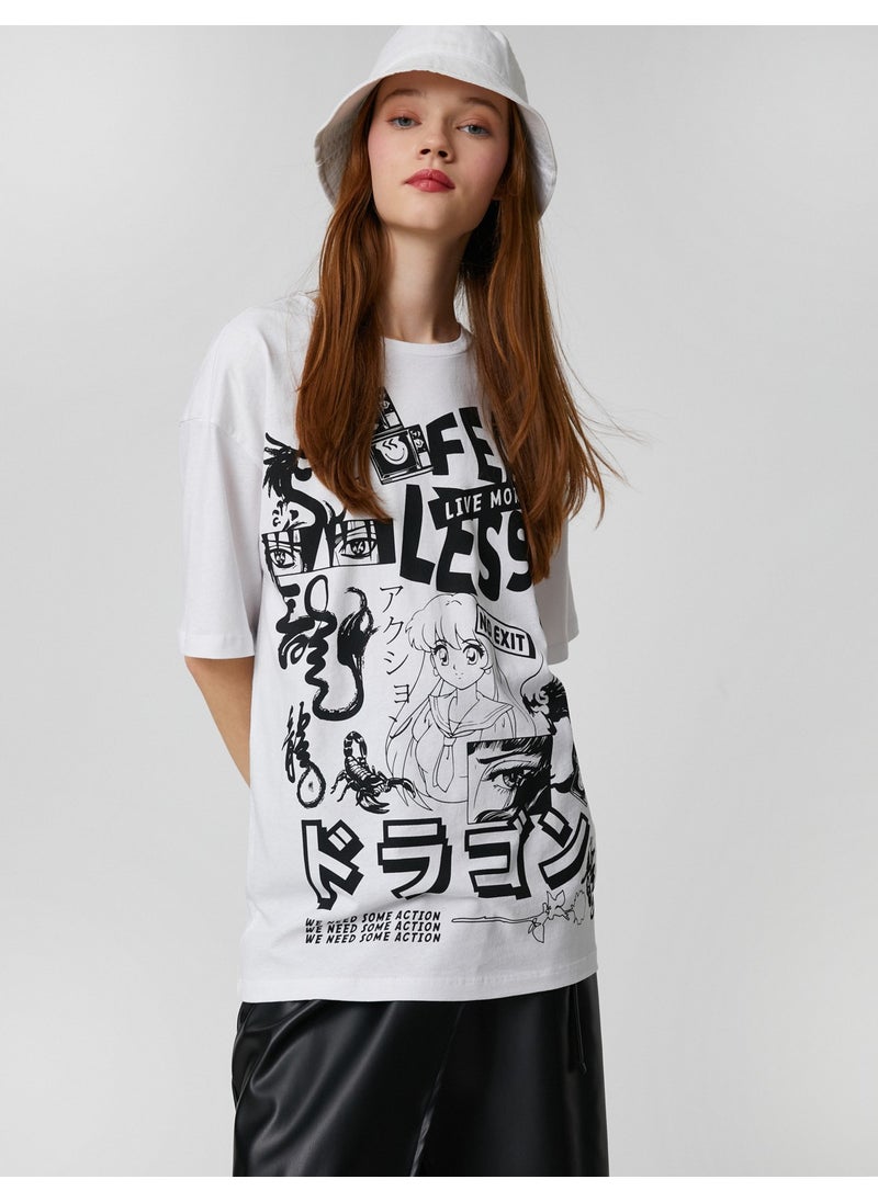 Oversize T-Shirt Short Sleeve Far East Printed Crew Neck