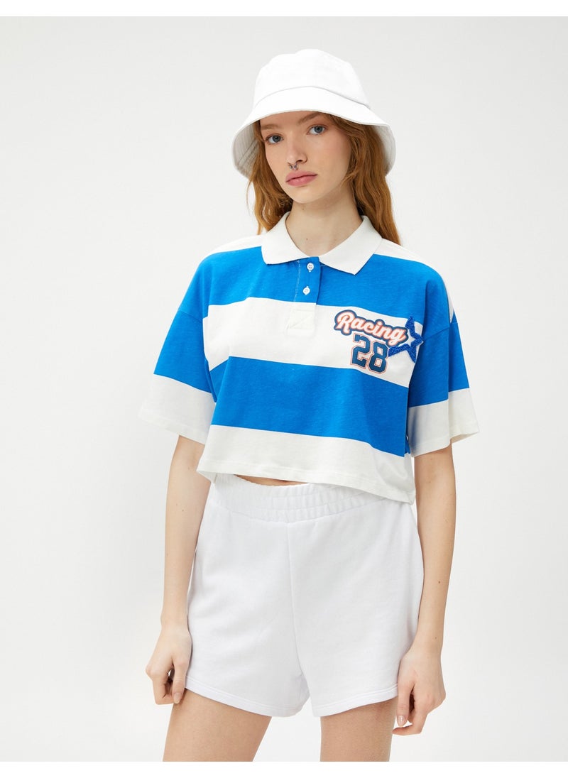 Crop T-Shirt Polo Neck College Printed Short Sleeve Cotton