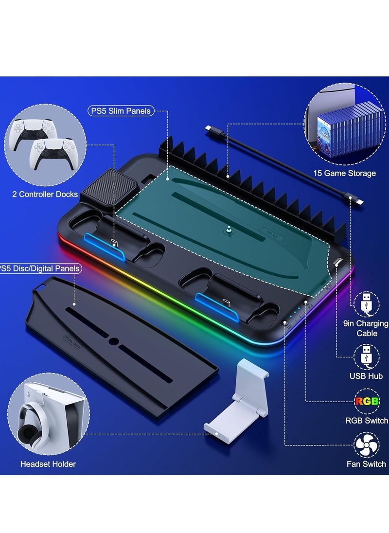 PS5 Charging and Cooling Station with Dual Controller Charger, RGB LED Lighting, 6 Game Storage Slots, High-Speed Cooling Fans, Compatible with PS5 Digital & Disc Editions,Black