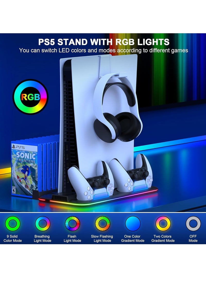 PS5 Charging and Cooling Station with Dual Controller Charger, RGB LED Lighting, 6 Game Storage Slots, High-Speed Cooling Fans, Compatible with PS5 Digital & Disc Editions,Black