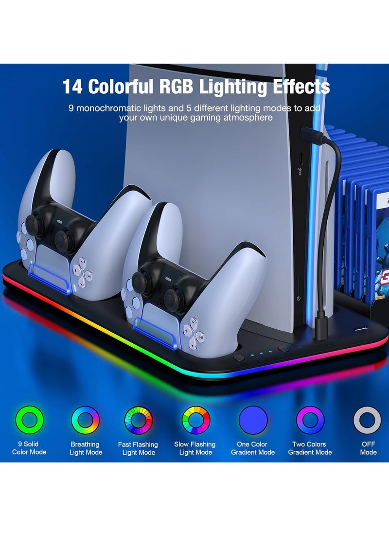 PS5 Charging and Cooling Station with Dual Controller Charger, RGB LED Lighting, 6 Game Storage Slots, High-Speed Cooling Fans, Compatible with PS5 Digital & Disc Editions,Black