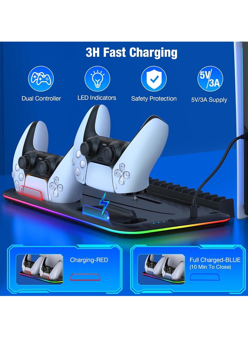 PS5 Charging and Cooling Station with Dual Controller Charger, RGB LED Lighting, 6 Game Storage Slots, High-Speed Cooling Fans, Compatible with PS5 Digital & Disc Editions,Black