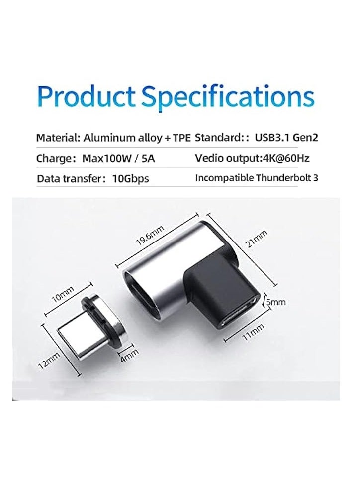 Magnetic Type-C Adapter for MacBook, Support PD 100W Fast Charging Protocol, 90 Degree Elbow Adapter, USB 3.1 4K@60hz HD Video Output, 10Gbps Extreme Speed File Transfer