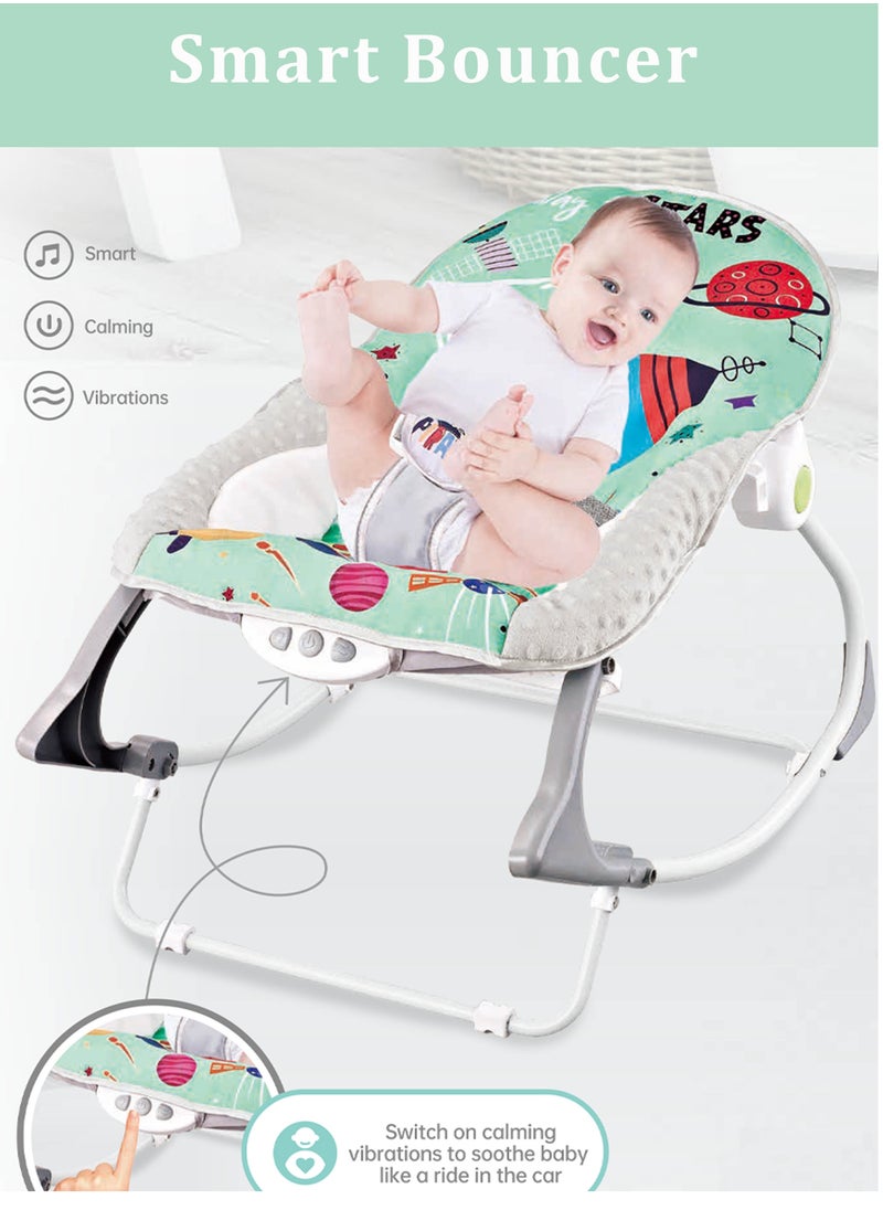 Factory Price Printed Baby Rocker With Soothing Music,  Calm Vibrations and Removable Toys - Space Green