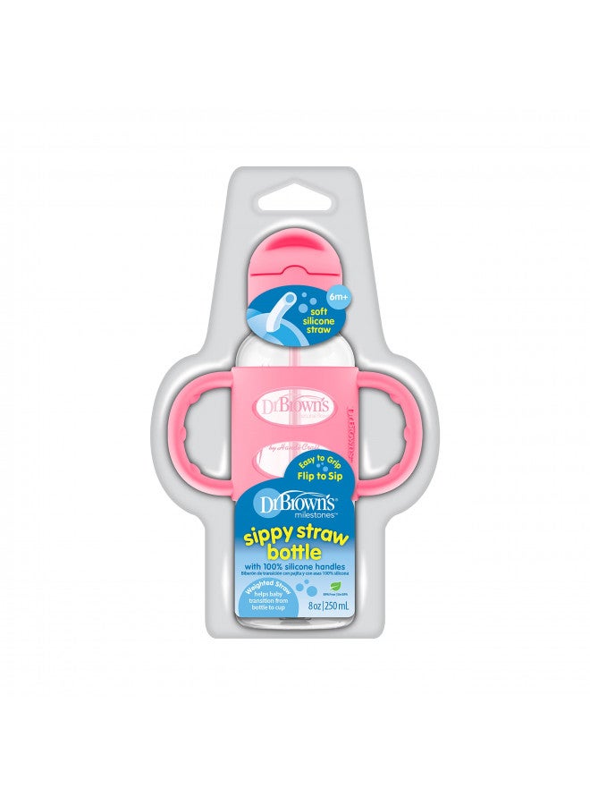 Pack Of 1 Milestones Narrow Sippy Straw Bottle With 100% Silicone Handles, 8Oz, Pink, 6 Months +