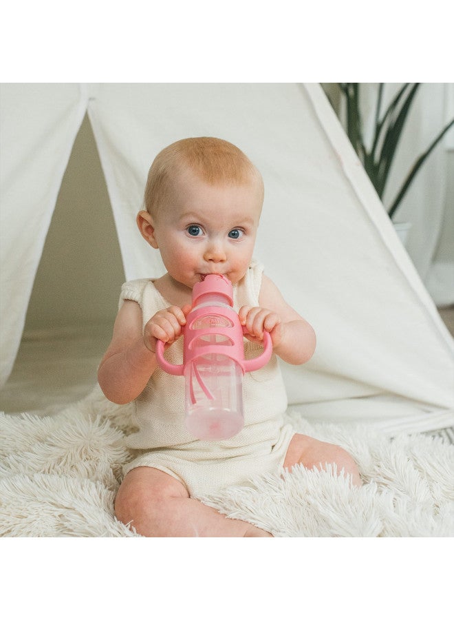 Pack Of 1 Milestones Narrow Sippy Straw Bottle With 100% Silicone Handles, 8Oz, Pink, 6 Months +