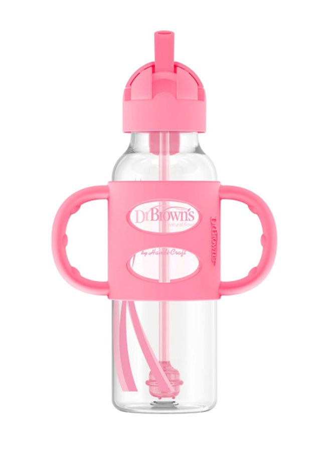 Pack Of 1 Milestones Narrow Sippy Straw Bottle With 100% Silicone Handles, 8Oz, Pink, 6 Months +