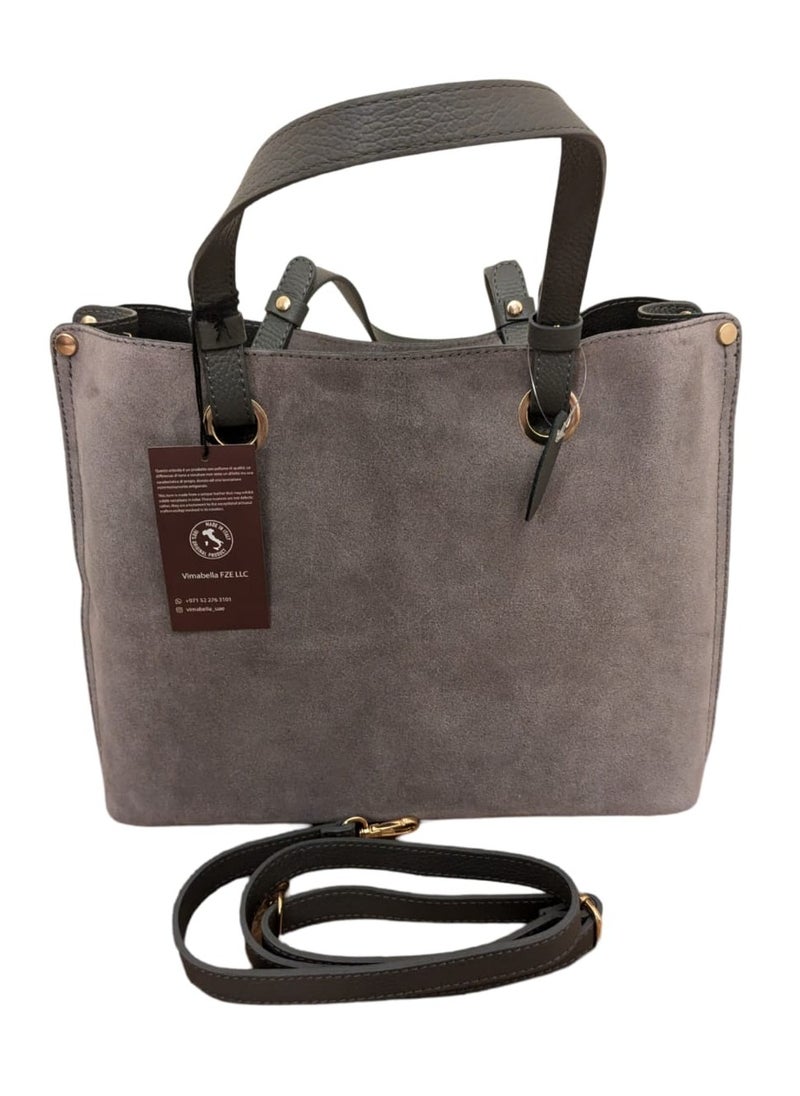 Italian Grey Suede Leather Handbag, Made In Italy