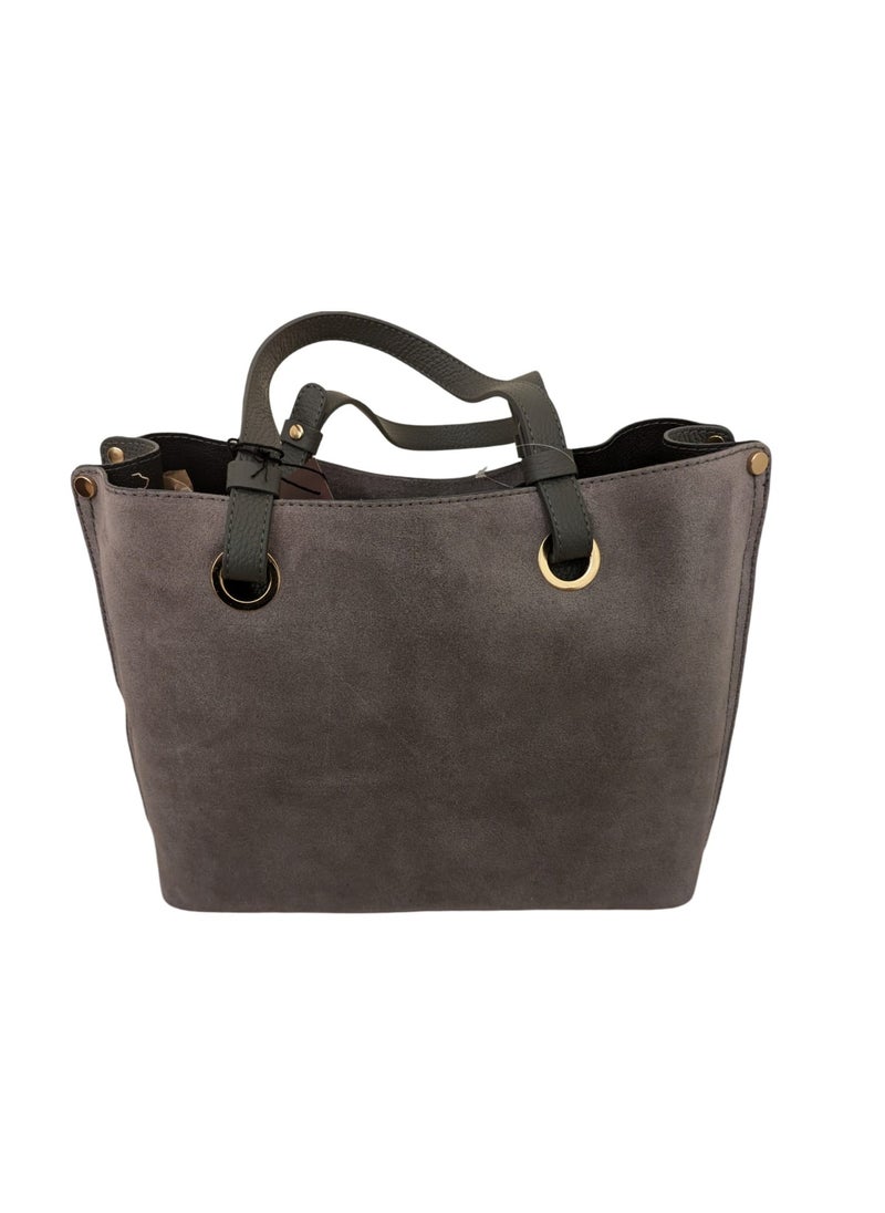 Italian Grey Suede Leather Handbag, Made In Italy