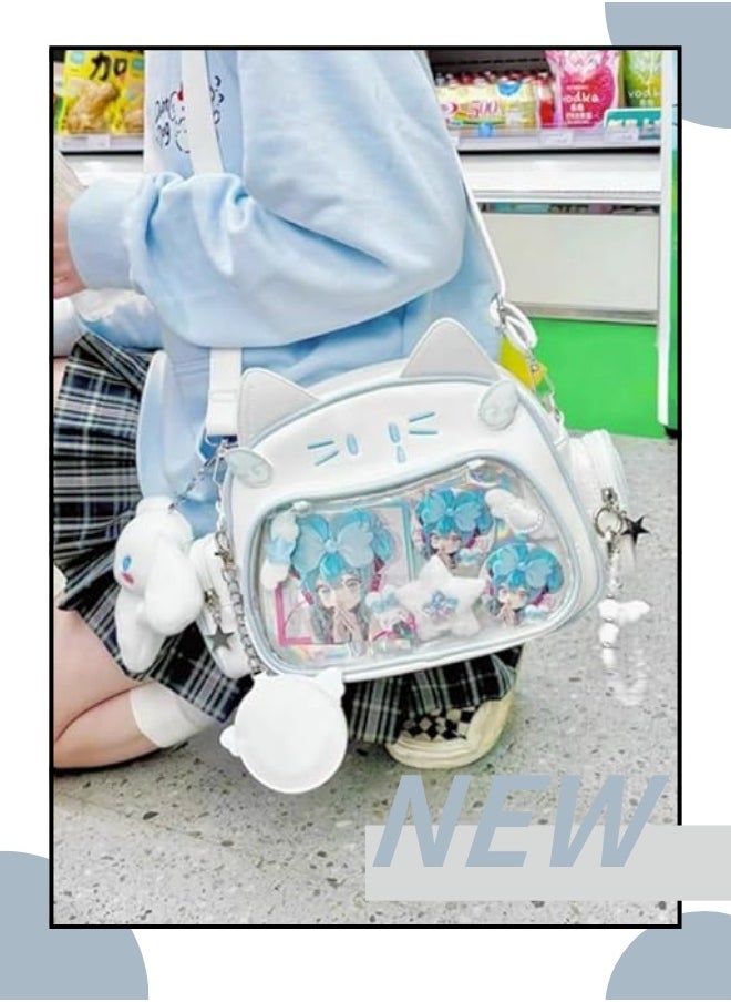 Cute Cat Ita Bag ,Pin Display Backpack, for School Preppy Backpack ,for Girls Y2k Aesthetic Single Shoulder, Crossbody (White Bag)