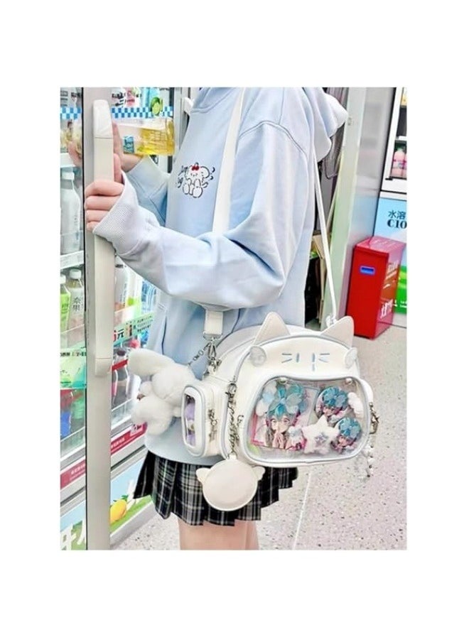 Cute Cat Ita Bag ,Pin Display Backpack, for School Preppy Backpack ,for Girls Y2k Aesthetic Single Shoulder, Crossbody (White Bag)