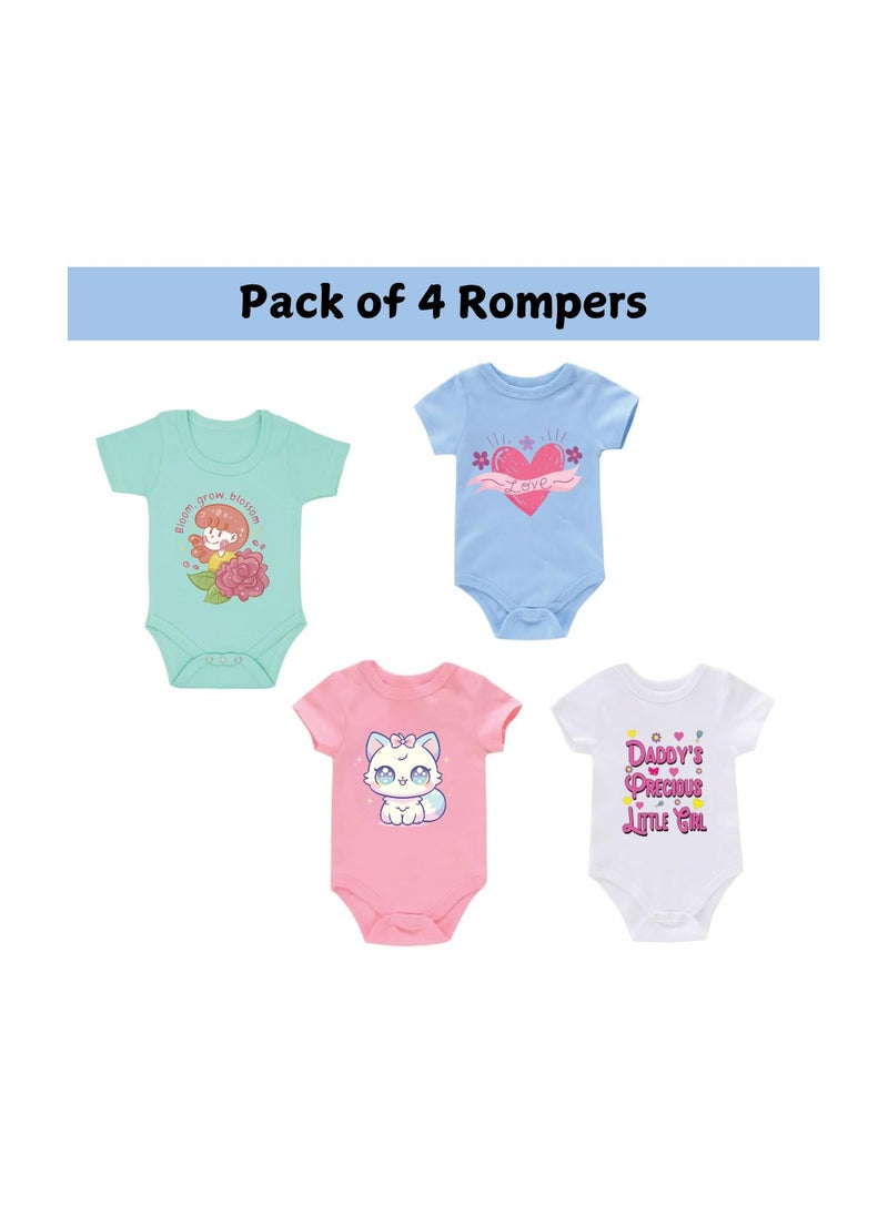 Baby Romper Set For Girls-Pack Of 4 Short Sleeve Cotton Rompers-Cute Outfits For Newborns And Toddlers With Snap Closure-Gift For Baby Girls