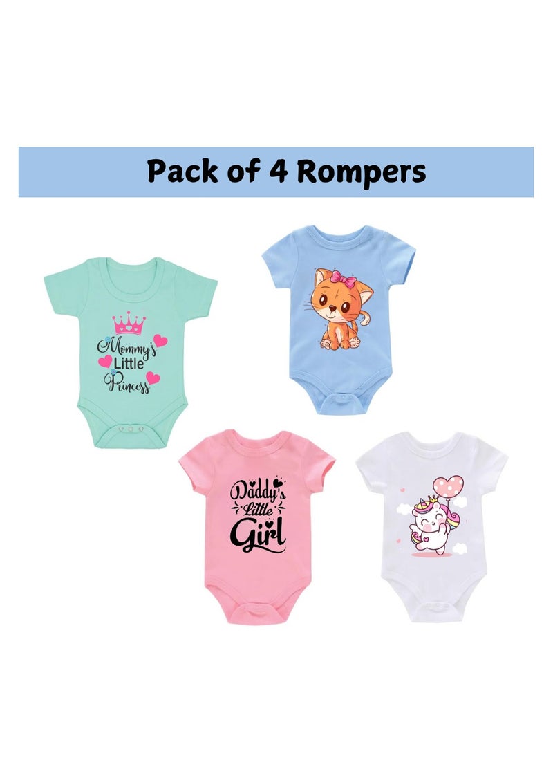 Baby Romper Set For Girls-Pack Of 4 Short Sleeve Cotton Rompers-Cute Outfits For Newborns And Toddlers With Snap Closure-Gift For Baby Girls