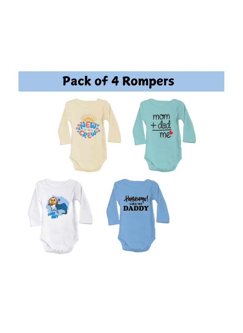 Baby Romper Set For Boys-Pack Of 4 Long Sleeve Cotton Rompers-Cute Outfits For Newborns And Toddlers With Snap Closure-Gift For Baby Boys