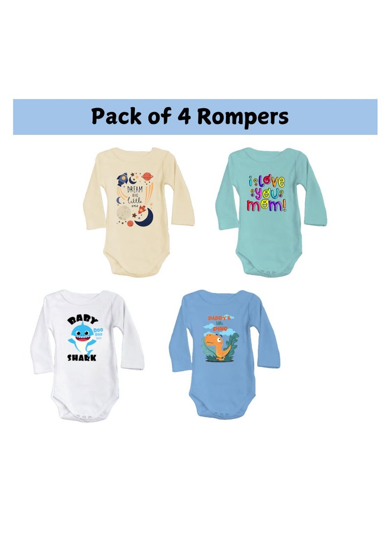 Baby Romper Set For Boys-Pack Of 4 Long Sleeve Cotton Rompers-Cute Outfits For Newborns And Toddlers With Snap Closure-Gift For Baby Boys