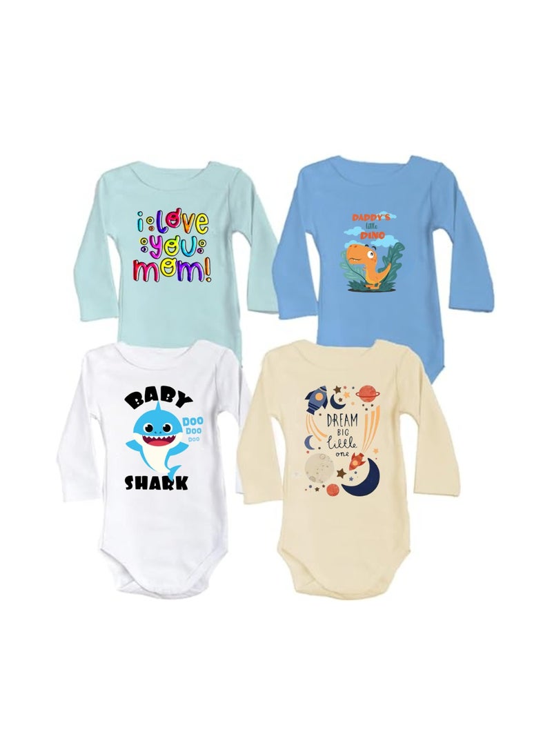 Baby Romper Set For Boys-Pack Of 4 Long Sleeve Cotton Rompers-Cute Outfits For Newborns And Toddlers With Snap Closure-Gift For Baby Boys